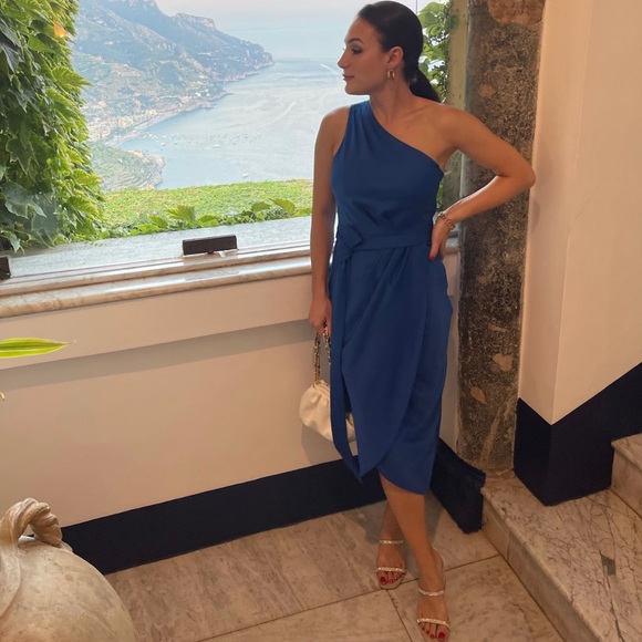 Ted Baker Gabie One Shoulder Drape midi Dress - Blue - Picture 2 of 12